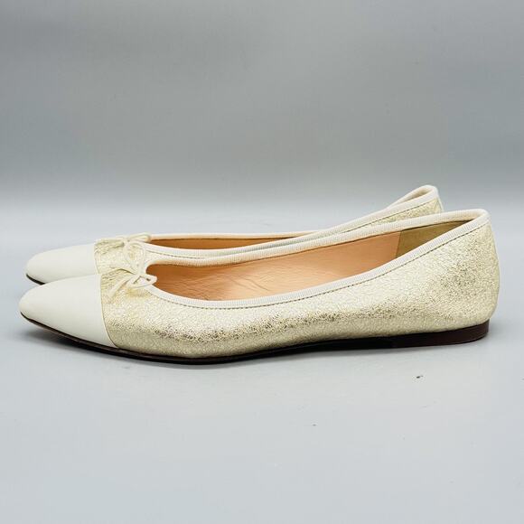 J Crew Shoes Women 7 Gold Leather Ballet Flat Pointed Cap Toe Bow Slip On Casual - Picture 3 of 9